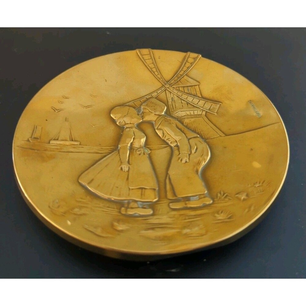 2 - Vintage 5” Round -Brass Embossed Dutch Windmill Plates With Children